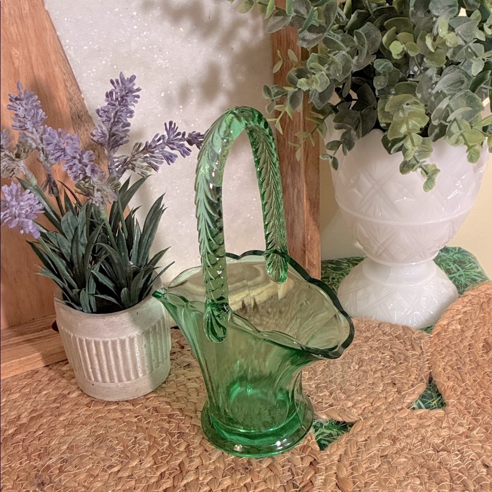FREE WITH PURCHASE****** Elegant Green Glass Basket with Handle